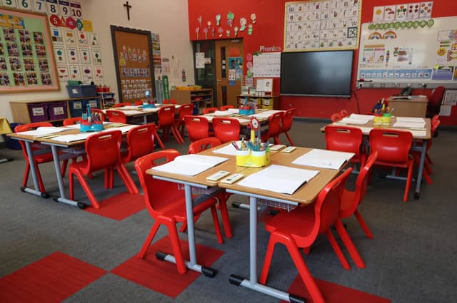 An empty classroom at St Colman's Primary School in Lambeg, Co Antrim, which received a bomb threat. Picture date: Monday October 19, 2026.