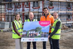 A new social housing development at Drumnagoon Gate in Craigavon will bring 38 new homes to the area, with the first phase due to be completed by this autumn. Pictured at the Drumnagoon Gate development in Craigavon is Tammy Rountree, Choice good relations officer), Andrew Nixon, Choice senior development officer, Thomas Martin, Drumlough and Michael McDonnell, Choice Group chief executive