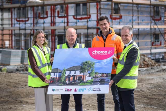 A new social housing development at Drumnagoon Gate in Craigavon will bring 38 new homes to the area, with the first phase due to be completed by this autumn. Pictured at the Drumnagoon Gate development in Craigavon is Tammy Rountree, Choice good relations officer), Andrew Nixon, Choice senior development officer, Thomas Martin, Drumlough and Michael McDonnell, Choice Group chief executive