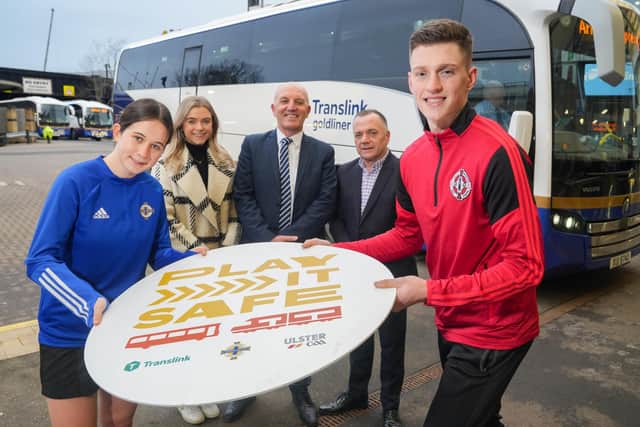 Stay on the ball: Translink has announced a new safety initiative in partnership with Ulster GAA and the Irish FA.  The ‘Play It Safe’ campaign delivers a series of important safety messages to promote responsible behaviour when using or around public transport.  Using a sports challenge theme and featuring youth team players from Irish FA and Ulster GAA, the campaign demonstrates how the values displayed on the pitch can also apply when travelling by bus, train or Glider.  Pictured launching the new safety campaign are Anna, young IFA player, Regan McFarland, Marketing & Commercial Partnerships Officer at the Irish FA, Translink’s Director of Service Operations Ian Campbell, Michael McArdle, Public Relations Officer with Ulster GAA and young UGAA player Séan Og.