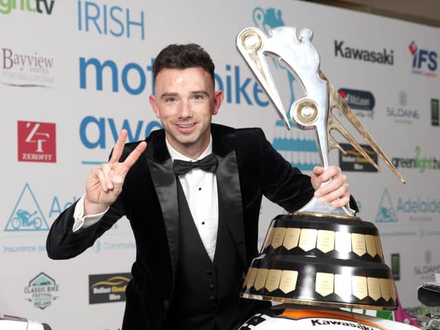 Glenn Irwin with the Joey Dunlop trophy after winning the Irish Motorcyclist of the Year title for the second time at the Adelaide Irish Motorbike Awards
