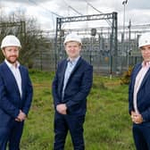 Low carbon energy company SSE has acquired a fully consented 100MW/200MWh battery storage project near Dungannon from Heron Energy, part of the Northern Ireland construction, property development and manufacturing entity, Heron Group. Pictured are Daniel Barnes, head of solar and battery development, SSE Renewables, Chris Morrow, NI Chamber of Commerce and Damien O’Callaghan, managing director, Heron Group