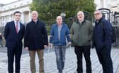 The family of Sean Farmer, who was murdered by loyalists in Armagh in 1975, attend the High Court in Belfast. Left to right: Diarmuid Brecknell from Phoenix Law with Sean Farmer’s sons Dessie, Brendan, Paul, and Alan Brecknell from the Pat Finucane centre (Jonathan Porter/PressEye)