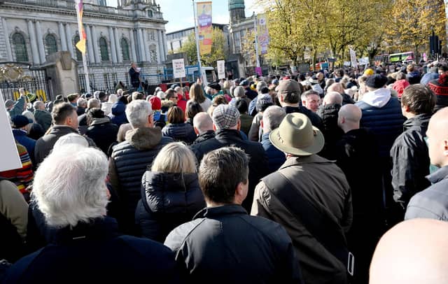 Protestors pictured at Belfast City Hall against the NI Public Health Bill. .