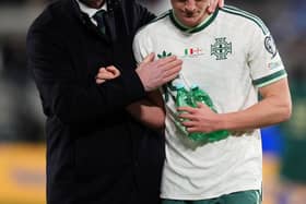Northern Ireland manager Michael O'Neill (left) consoles Justin Devenny following defeat on Thursday to Italy across the World Cup play-off semi-final. (Photo by Mike Egerton/PA Wire). TURN TO P60-63 & P17