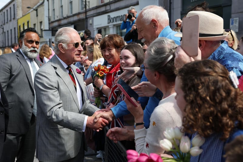 King Charles and Queen Camilla pictured today outside the Market Place Theatre and Arts Centre in Armagh during their two day visit to Northern Ireland .