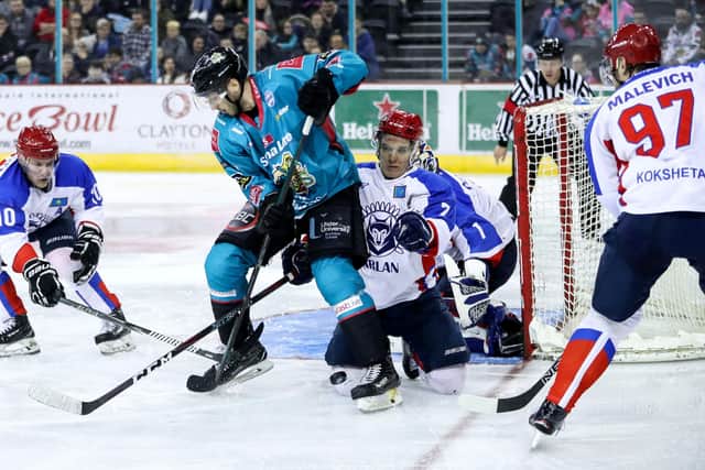 Belfast Giants' Kyle Baun with Arlan Kokshetau's Ivan Poloshkov during the 'winner-takes-all' IIHF Continental Cup Final game at the SSE Area, Belfast, in January 2019.   Photo by William Cherry/Presseye