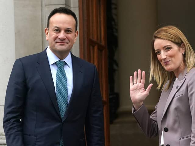 Taoiseach Leo Varadkar welcomes President of the European Parliament, Roberta Metsola, to Government Buildings in Dublin, during her two-day visit to the Republic of Ireland. Picture date: Thursday February 2, 2023.
