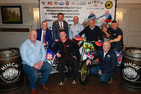 Pictured at the launch of the 2023 Northern Ireland Sidecarcross Grand Prix are (back row, from left) Paul Givan (MLA); Scott Carson (Mayor of Lisburn and Castlereagh City Council); Jonathan Fairley, (Chairman of North Armagh Club); Michael Morris (International sales director for Hinch Distillery) and Gary Moulds. (Front row, from left) Jim Reid, Mark McLernon and Kenny Gardner.