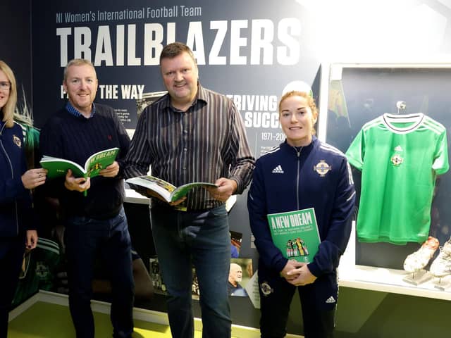 Julie Nelson, photographer William Cherry, writer Nigel Tilson and Marissa Callaghan at the launch of ‘A New Dream’, which charts Northern Ireland’s remarkable journey to UEFA Women’s Euro 2022.