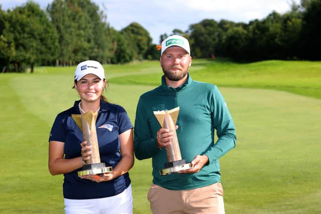 Alexa Pano and Daniel Brown after winning ISPS Handa World Invitational honours at the Galgorm Castle Golf Club in Northern Ireland. (Photo by Peter Morrison/PA Wire)