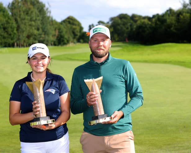 Alexa Pano and Daniel Brown after winning ISPS Handa World Invitational honours at the Galgorm Castle Golf Club in Northern Ireland. (Photo by Peter Morrison/PA Wire)
