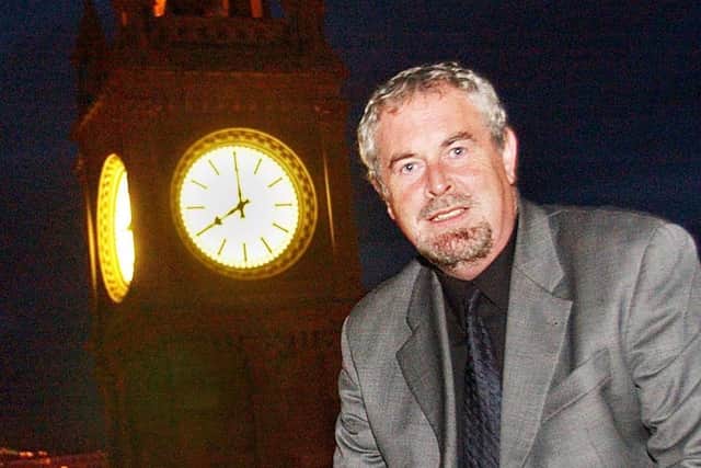 Gerry Kelly pictured at Belfast's Albert Clock to publicise a new series of his chat show in 2003. Photo: Pacemaker.
