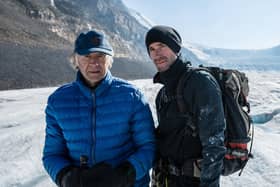 Joseph and Ranulph Fiennes stand on the Athabasca Glacier