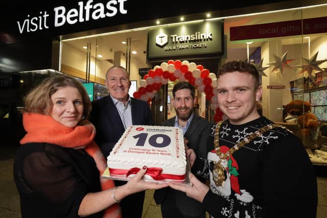 Belfast Welcome Centre is celebrating 10 years since its doors were first opened at Donegall Square North and servicing almost six million visitor enquiries over the period. The city’s flagship visitor information office, operated by Visit Belfast, opened to the public and tourists just before Christmas in 2013. Pictured Mary Jo McCann, director of visitor servicing, Visit Belfast, Gerry Lennon, chief executive officer, Visit Belfast, Mark Thompson, visitor information manager, Tourism NI and Councillor Ryan Murphy, Lord Mayor of Belfast