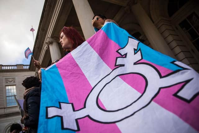 Protestors with one of the transgender movement's many flags