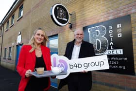 Belfast IT and telecommunications provider b4b Group has announced the successful expansion of its services within Mallusk Enterprise Park, to support the opening of new social enterprise café ‘B Social Deli’. Pictured are Emma Garrett, CEO at Mallusk Enterprise Park, and David Armstrong, CEO at b4b Group