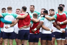 Ireland players in a team huddle during training ahead of this weekend's Rugby World Cup quarter-final clash with New Zealand. (Photo by Chris Hyde/Getty Images)