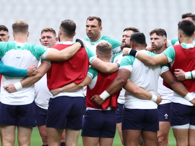 Ireland players in a team huddle during training ahead of this weekend's Rugby World Cup quarter-final clash with New Zealand. (Photo by Chris Hyde/Getty Images)
