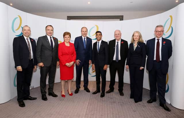 (left to right) Secretary of State for Northern Ireland Chris Heaton-Harris, Chief Minister of Isle of Man Alfred Cannan, Scottish First Minister Nicola Sturgeon, Taoiseach Micheal Martin, Prime Minister Rishi Sunak, P and RC President of Guernsey Peter Ferbrache, Chief Minister of Jersey Kristina Moore and MP Michael Gove, pose for a photograph during the British-Irish Council summit in Blackpool. Picture date: Thursday November 10, 2022. PA Photo. See PA story POLITICS Council. Photo credit should read: Cameron Smith/PA Wire