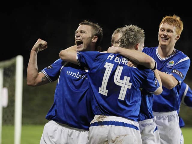 Linfield's Peter Thompson, David Armstrong, Aaron Burns and Chris Casement in 2010. (Photo by Darren Kidd/PressEye)