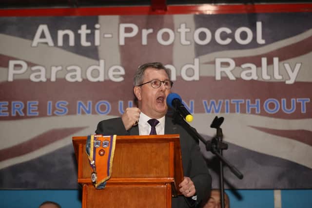 Sir Jeffrey Donaldson speaks during a anti Northern Ireland Protocol rally and parade, organised by North Antrim Amalgamated Orange Committee, in Ballymoney, Co Antrim. Picture date: Friday March 25, 2022.