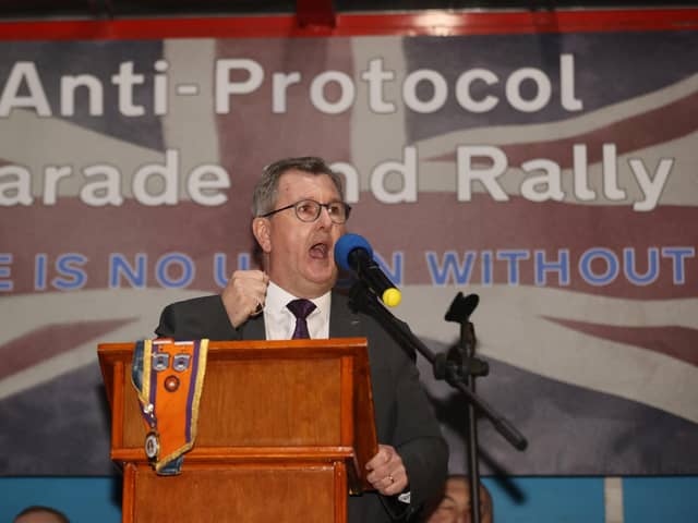 Sir Jeffrey Donaldson speaks during a anti Northern Ireland Protocol rally and parade, organised by North Antrim Amalgamated Orange Committee, in Ballymoney, Co Antrim. Picture date: Friday March 25, 2022.