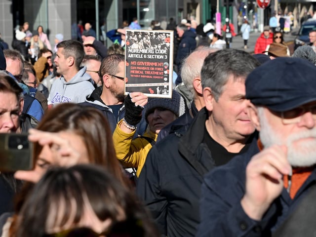 Protestors pictured at Belfast City Hall against the NI Public Health Bill. .