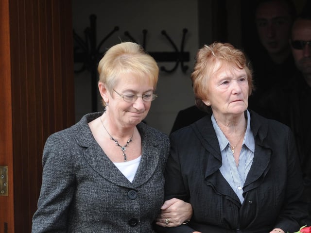 PACEMAKER, BELFAST, 18/5/2008:  Robert Dunlop's sister Helen and his mother May at his funeral at Garryduff Presbyterian Church, Ballymoney in 2008..
PICTURE BY STEPHEN DAVISON:-