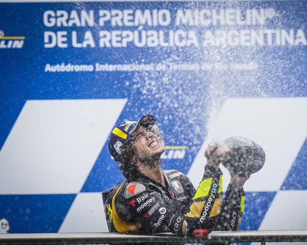 Marco Bezzecchi celebrates his maiden MotoGP victory in Argentina on Sunday.
