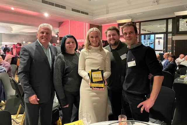 Belfast-based facades manufacturer, Spanwall, has been recognised at the prestigious Façade Awards UK for its involvement in creating an innovative façade solution for leading hospitality group, Whitbread. Pictured are Philip West, Anna Hanna, Gemma Patterson, Chris McFarlane and Paul Jesus from Spanwall collecting their award