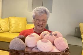 Angela McGowan, member of the Knit and Natter group, which has been knitting boobs to help breastfeeding mums