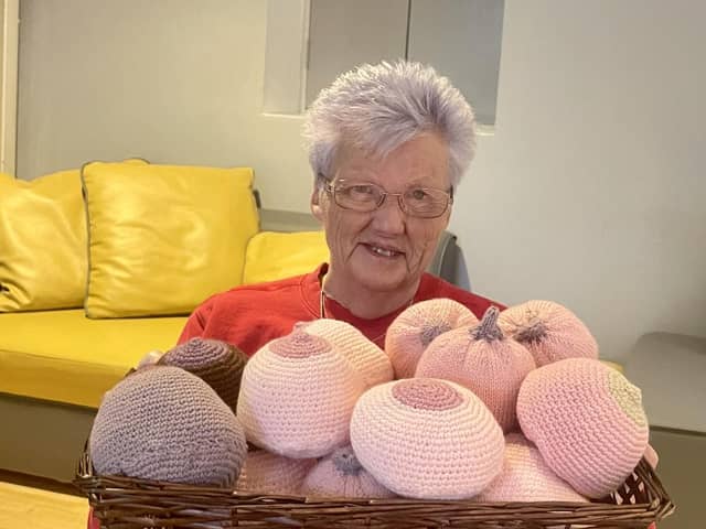 Angela McGowan, member of the Knit and Natter group, which has been knitting boobs to help breastfeeding mums