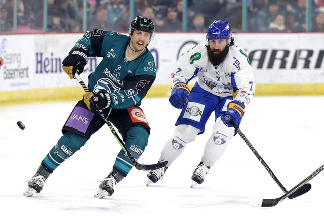 Belfast Giants’ Ben Lake with Fife Flyers’ Zack Phillips during Wednesday nights Challenge Cup Final at the SSE Arena, Belfast.  Photo by William Cherry/Presseye