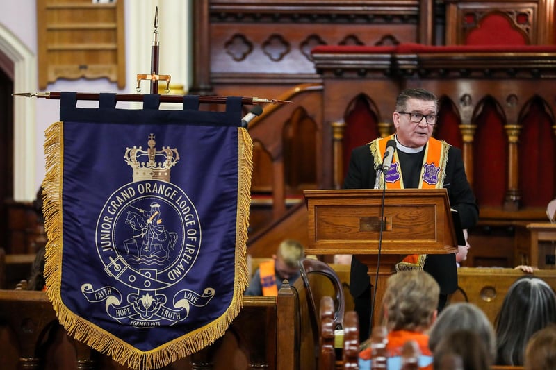 On Sunday 28th of April the Junior Grand Orange Lodge of Ireland began to mark the organisation’s fiftieth anniversary year with a Church Service and Parade in Armagh. The event was attended by members from across its Jurisdiction, as well as visiting dignitaries. The celebrations will culminate in May 2025. Rt. Wor. Bro. Rev. David McLaughlin, Grand Chaplain, JGOLI dedicates new bannerette. (Photo by Graham Baalham-Curry):-