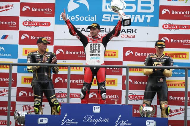 BeerMonster Ducati rider Glenn Irwin celebrates his British Superbike victory in the Sprint race at Oulton Park. Picture: David Yeomans Photography