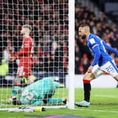 Rangers' Kemar Roofe celebrates scoring his side's second goal in the Viaplay Cup semi-final against Aberdeen at Hampden Park on Sunday.