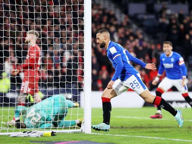 Rangers' Kemar Roofe celebrates scoring his side's second goal in the Viaplay Cup semi-final against Aberdeen at Hampden Park on Sunday.