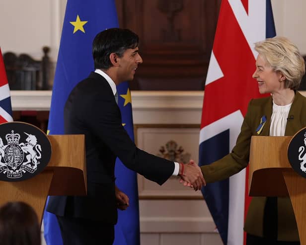 Rishi Sunak and Ursula von der Leyen unveiling the Windsor Framework earlier this year. Sunak may have been wanting to project an image as a prime minister who gets things done - but since it seems as though the agenda has ben to delay the full impact of what Sunak agreed until it will be someone else’s problem, writes David Hoey