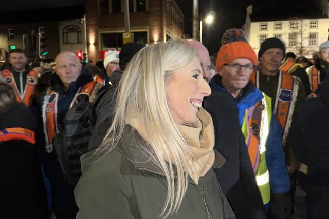 DUP MP Carla Lockhart leads an Orange Order parade in Portadown, Co Armagh. Picture date: Saturday October 24, 2026. PA Photo. Photo credit should read: Mícheál Ó Scannáil/Press Association