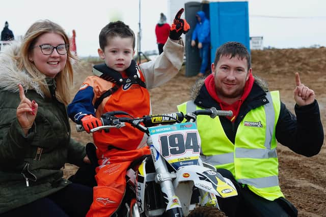 Liam Devlin from Randalstown was the first winner at the 2022 Beyond Signage Winter Series at Magilligan. Liam is pictured with Clara Donaghy and Cornall Devlin.