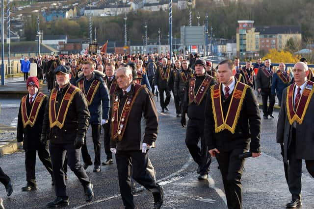 Members of the Apprentice Boys of Derry taking part in the Annual Shutting of the Gates Parade in Londonderry.