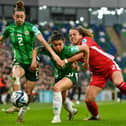 Northern Ireland's Rebecca McKenna (left) and Joely Andrews (centre) up against Ann-Marie Said in the 0-0 draw with Malta to kick off the UEFA Women's Euro 2025 qualification campaign. (Photo by Andrew McCarroll/Pacemaker Press)