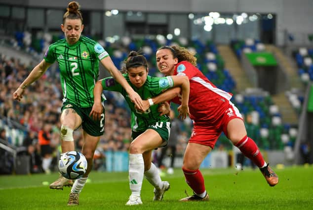 Northern Ireland's Rebecca McKenna (left) and Joely Andrews (centre) up against Ann-Marie Said in the 0-0 draw with Malta to kick off the UEFA Women's Euro 2025 qualification campaign. (Photo by Andrew McCarroll/Pacemaker Press)