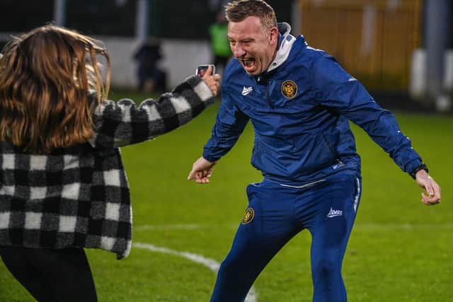 A delighted Stuart King of Carrick at the final whistle at The Bet McLean Oval, Belfast. PIC: Andrew McCarroll/ Pacemaker Press