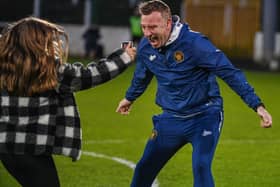 A delighted Stuart King of Carrick at the final whistle at The Bet McLean Oval, Belfast. PIC: Andrew McCarroll/ Pacemaker Press