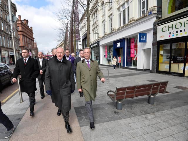 Ex UUP then Ukip MLA David McNarry, centre, with Ukip leader Nigel Farage, right, canvassing for Brexit in Belfast in 2016. Those who tried to convince unionists to vote for a party led by someone who isn't a true believer in the Union see he stabbed them in the back. His belief that a united Ireland is coming will delight republicans. Pic: Stephen  Hamilton /Presseye
