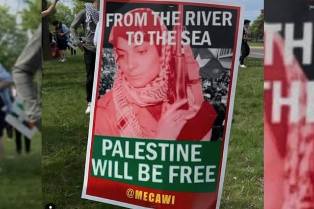 An image (from the Anti-Defamation League website) of the slogan 'from the river to the sea' on a poster alongside a picture of Leila Khaled, a Marxist Palestinian best known for hijacking aircraft...