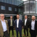 Pictured at Clarke’s new offices in Ballymena are Adrian Ringrose, non-executive chair, Clarke Façades, Chris Nixon, BGF, Eugene Clarke, managing director, Clarke Façades, Michael Clarke, founder, Clarke Façades and John Devine, BGF