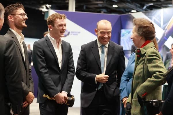 (left to right) Tom Berkeley, Ross White, Northern Ireland Secretary Chris Heaton-Harris, and the Princess Royal during the Northern Ireland Investment Summit 2023 at the ICC, Belfast